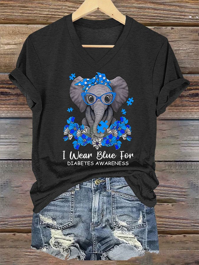 Women's I Wear Blue For Diabetes Awareness Elephant Print T-Shirt