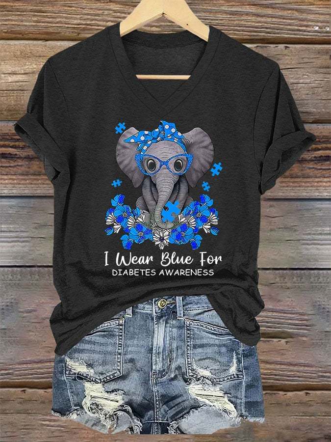 Women's I Wear Blue For Diabetes Awareness Elephant Print T-Shirt