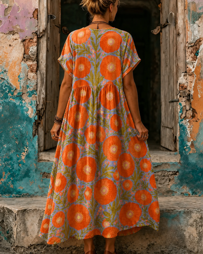 Women's Vacation Linen Boho Floral Print V-Neck Short Sleeve Maxi Dress