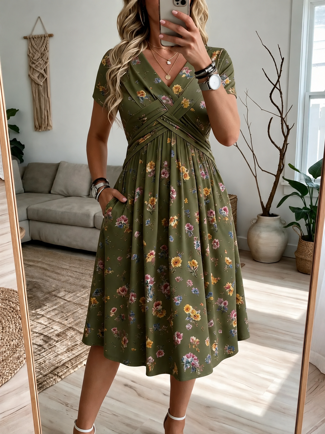 Women's V-Neck Floral Print Dress with Twist Waist