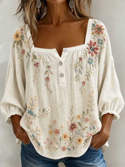 Women's Retro Floral Print Square Neckline Blouse