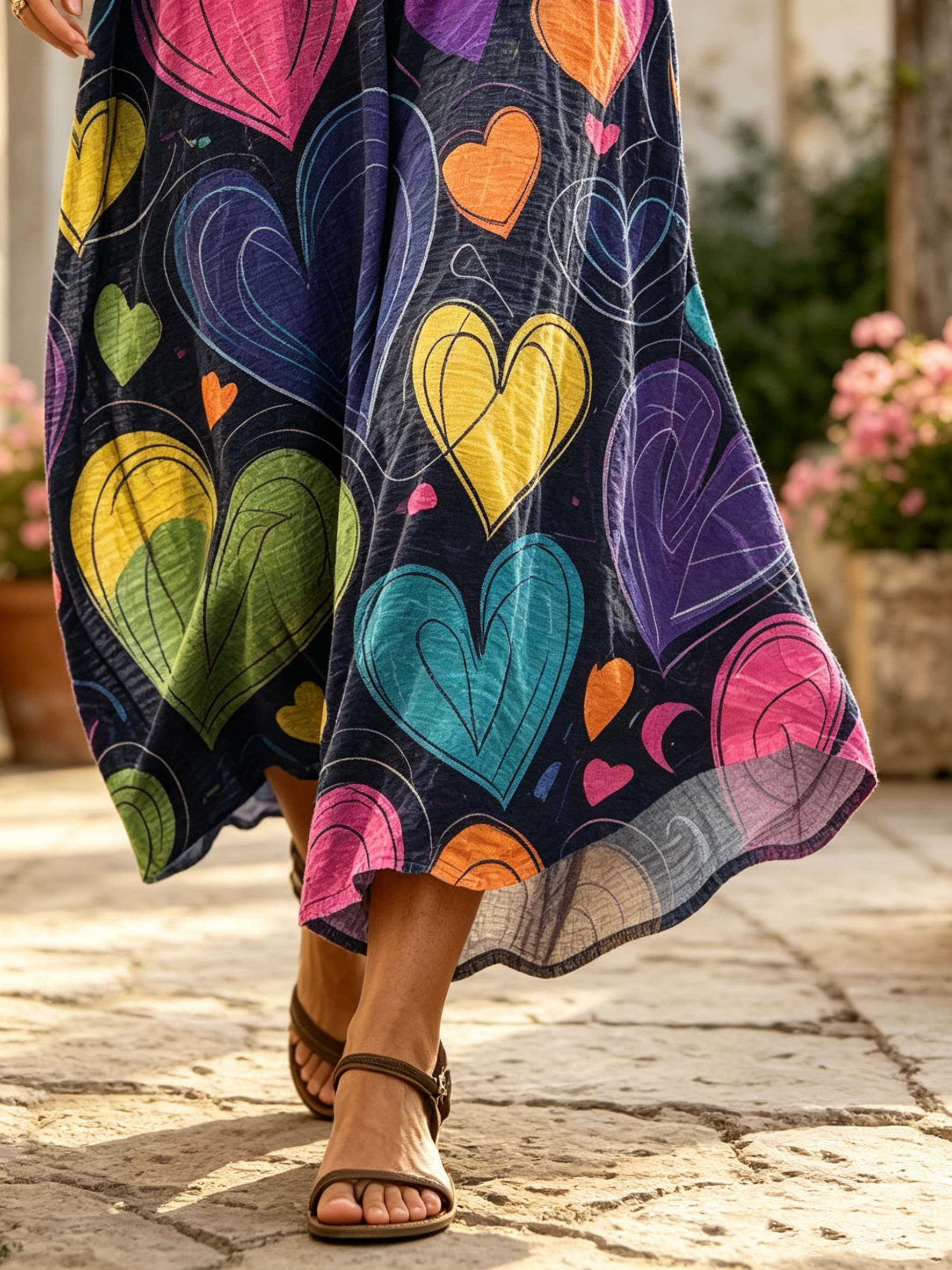 Women's Multicolor Heart Print V-neck Loose Maxi Dress