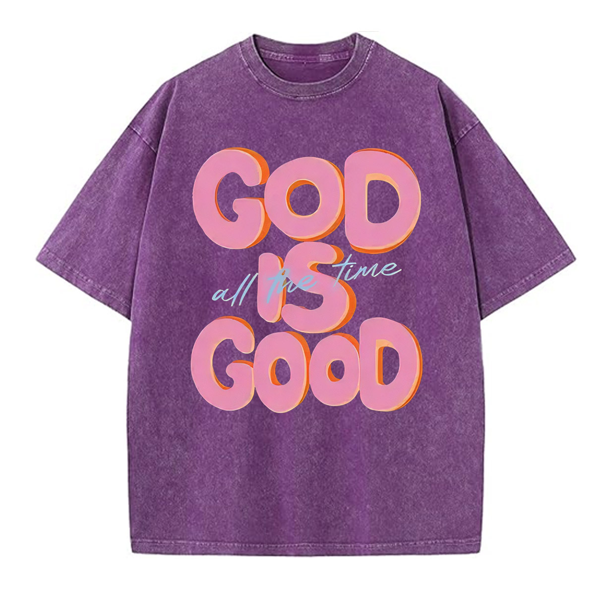 God Is Good All The Time Pattern  Washed Distressed Crew Neck T-Shirt