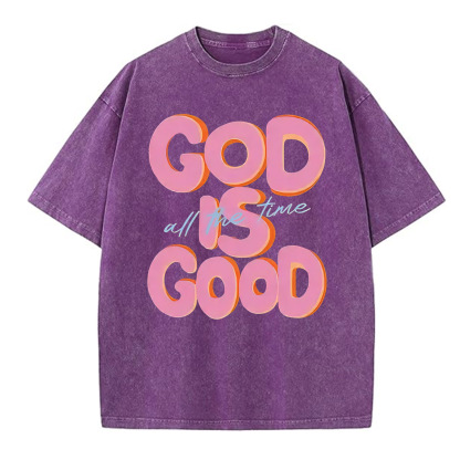 God Is Good All The Time Pattern  Washed Distressed Crew Neck T-Shirt