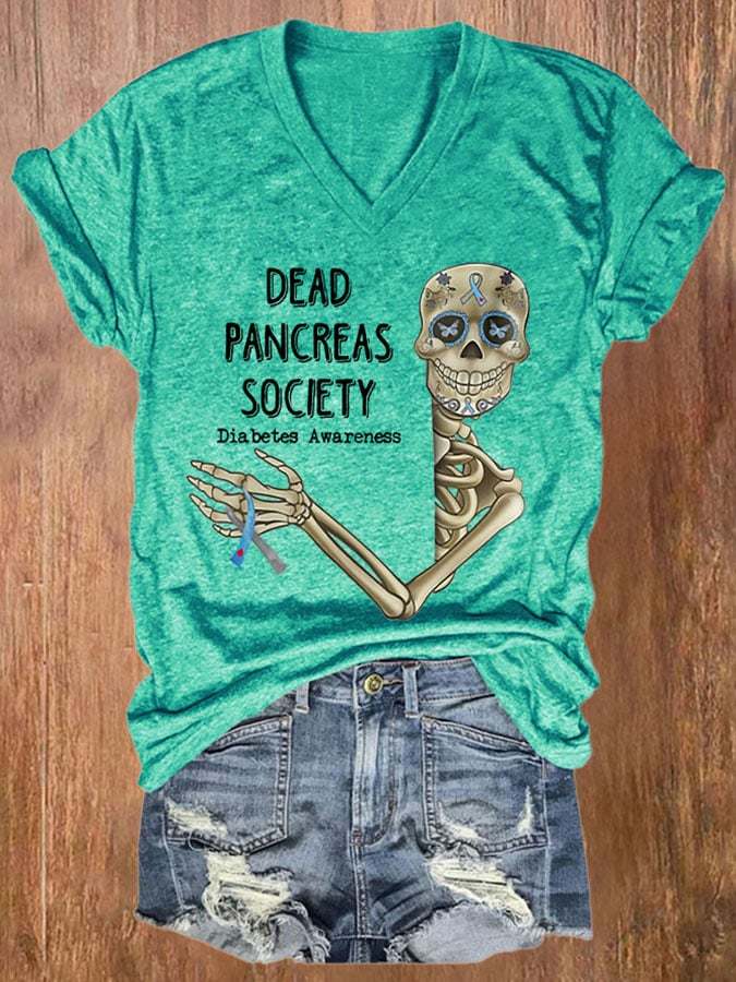 V-neck Diabetes Awareness Dead Pancreas Society Print T-Shirt
