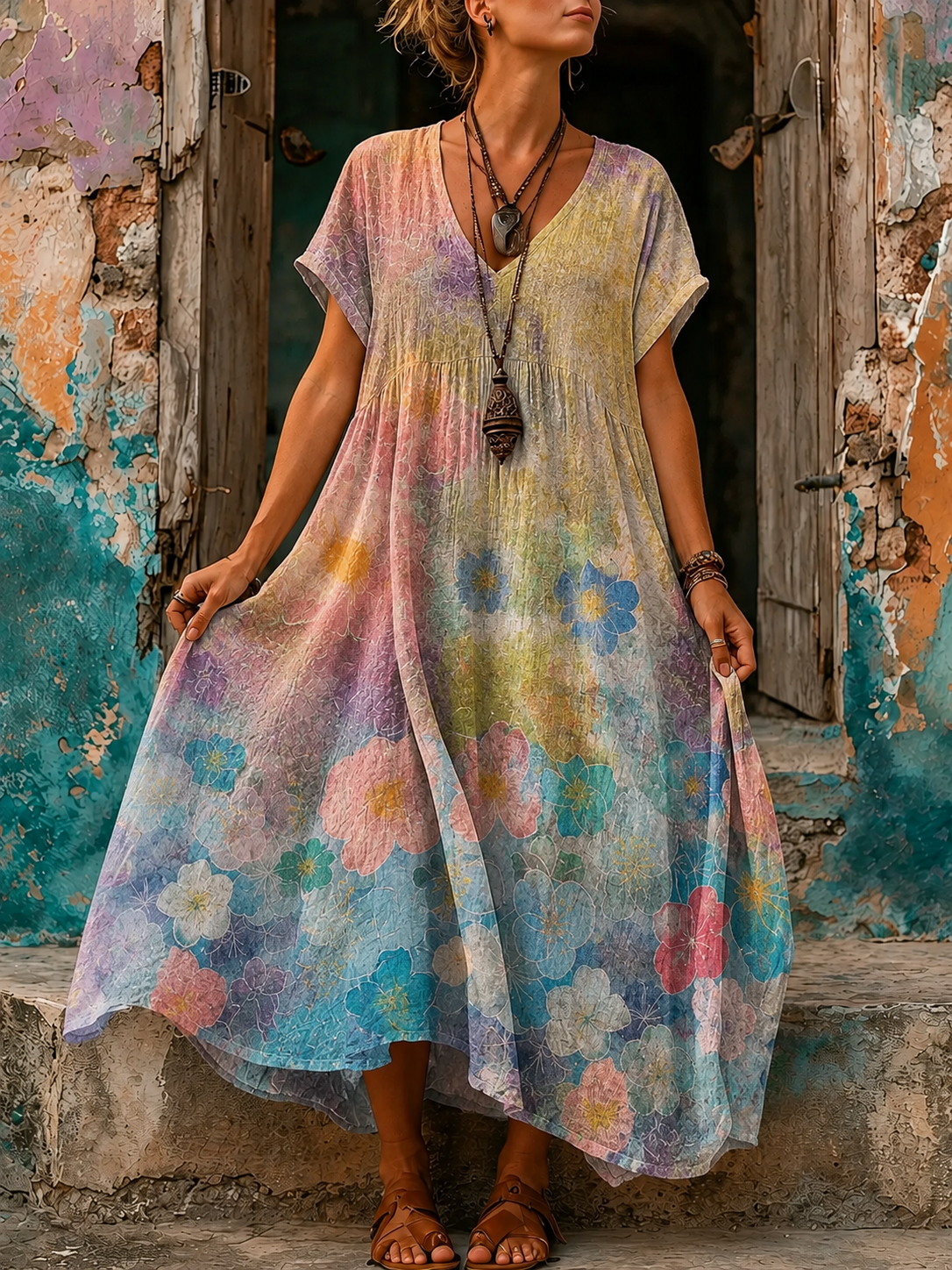 Women's Vacation Linen Boho Floral Print V-Neck Short Sleeve Maxi Dress