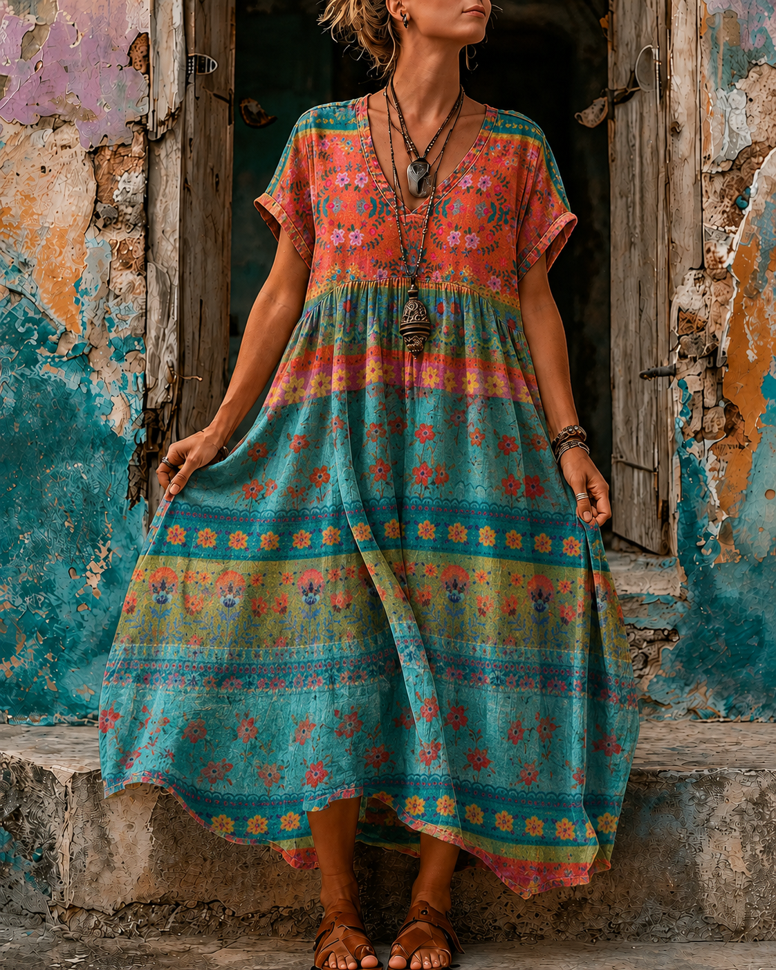 Women's Vacation Linen Boho Floral Print V-Neck Short Sleeve Maxi Dress