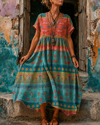 Women's Vacation Linen Boho Floral Print V-Neck Short Sleeve Maxi Dress