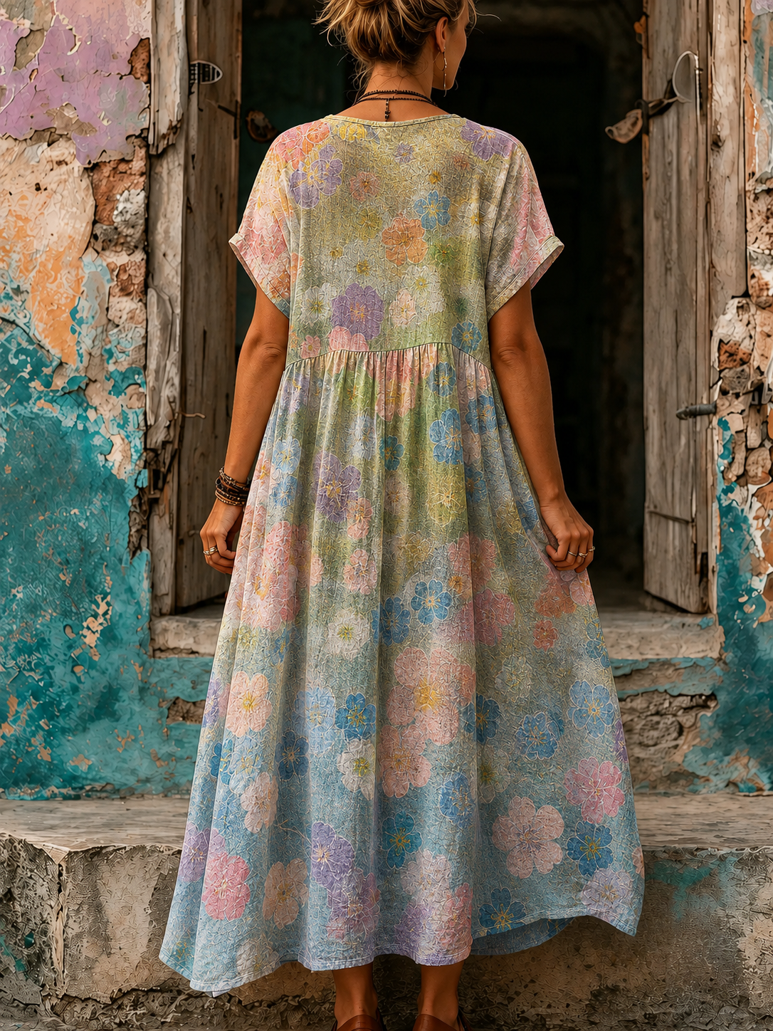 Women's Vacation Linen Boho Floral Print V-Neck Short Sleeve Maxi Dress