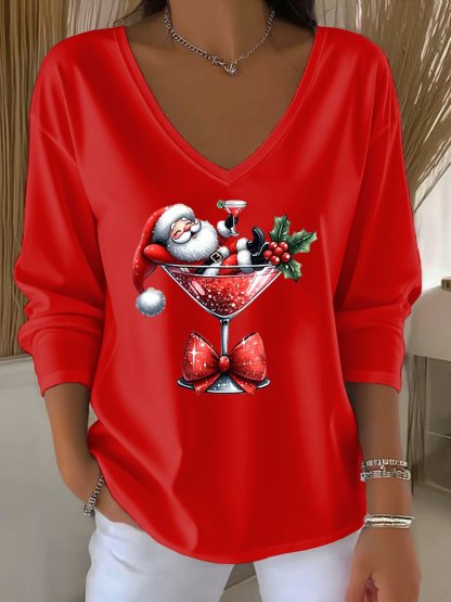 Women's Santa Claus Print Casual V-Neck Long Sleeve T-Shirt