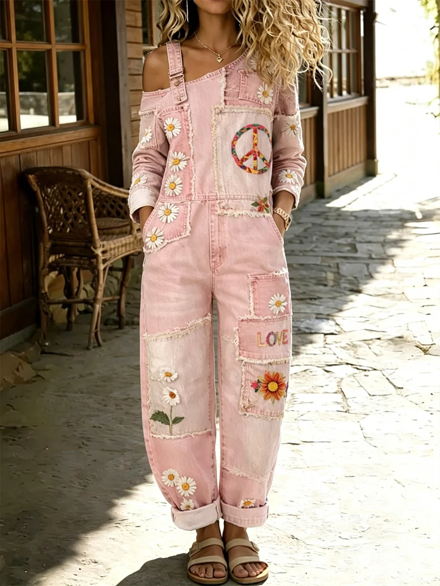 Women's Retro Floral Color-Blocked Art Print Washed Cotton Denim Patchwork Jumpsuit