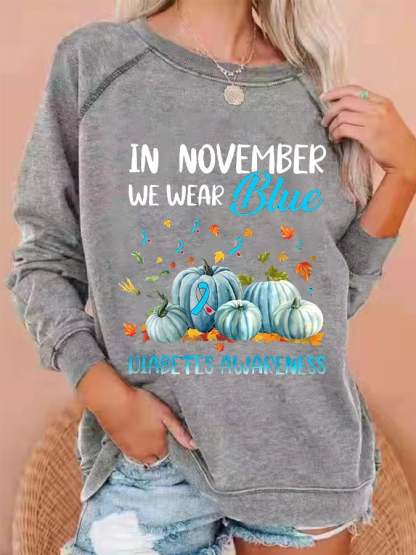 Women's In November We Wear Blue For Diabetes Awareness Pumpkin Print Casual Sweatshirts