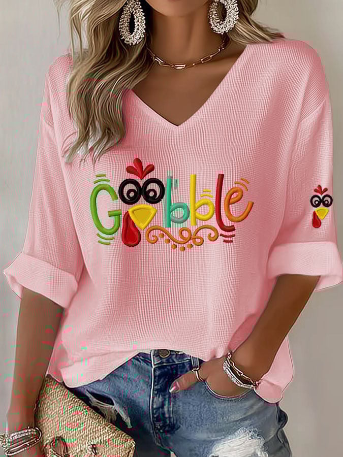 Women's Gobble Turkey Casual Waffle T-Shirt