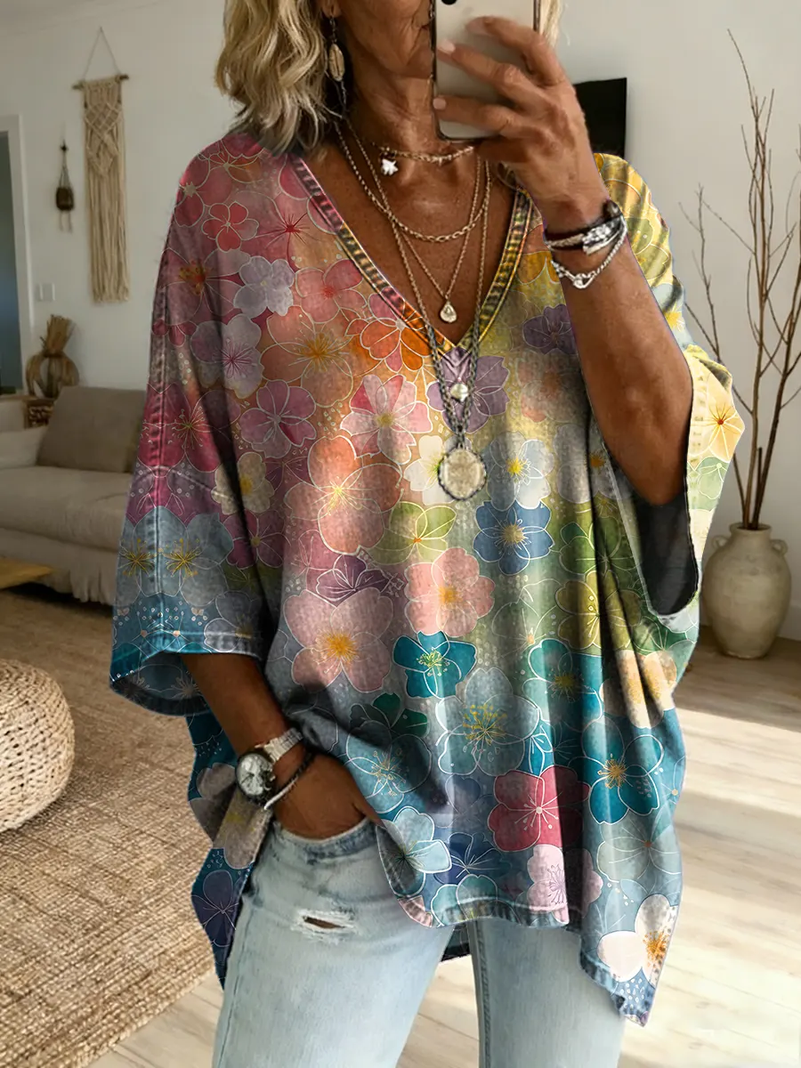 Ethnicity Colorful Flowers Women's Art Print Casual Washed Cotton Denim Top