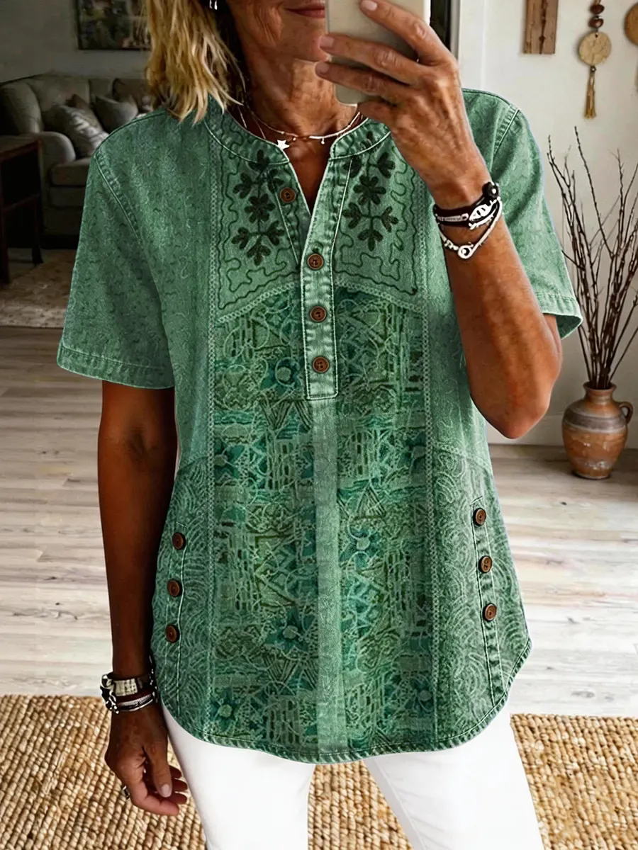 Women's Vintage Ethnic Pattern Art Print Casual Short-sleeve Washed Cotton Denim Shirt