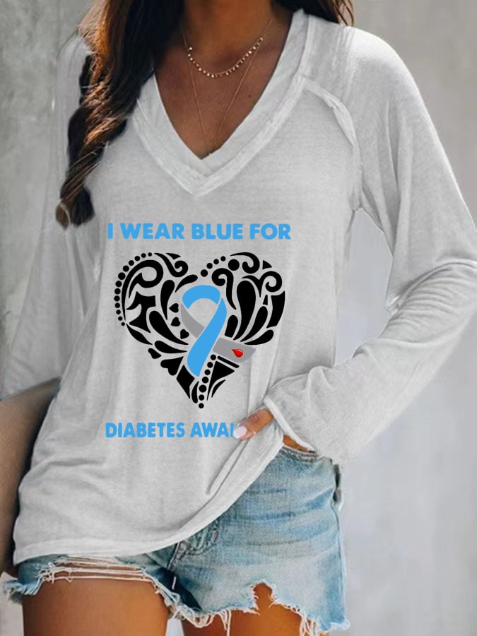 Women's I Wear Blue For Diabetes Awareness Print Long Sleeves Casual T-Shirt