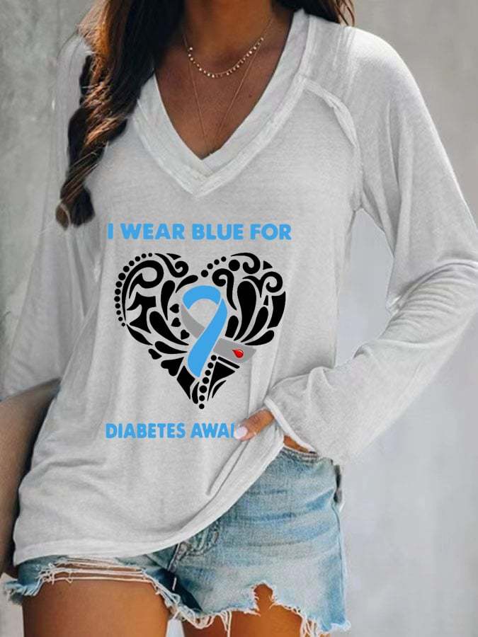 Women's I Wear Blue For Diabetes Awareness Print Long Sleeves Casual T-Shirt
