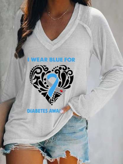 Women's I Wear Blue For Diabetes Awareness Print Long Sleeves Casual T-Shirt