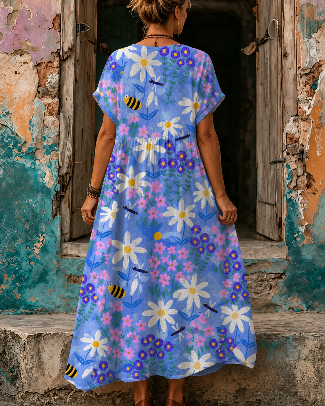 Women's Vacation Linen Boho Floral Print V-Neck Short Sleeve Maxi Dress