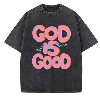 God Is Good All The Time Pattern  Washed Distressed Crew Neck T-Shirt