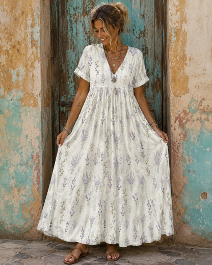 Women's Vacation Linen Boho Floral Print V-Neck Short Sleeve Maxi Dress