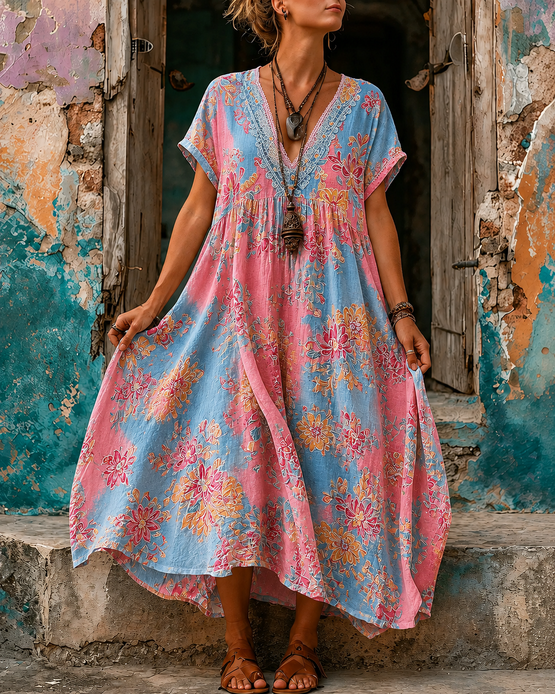Women's Vacation Linen Boho Floral Print V-Neck Short Sleeve Maxi Dress