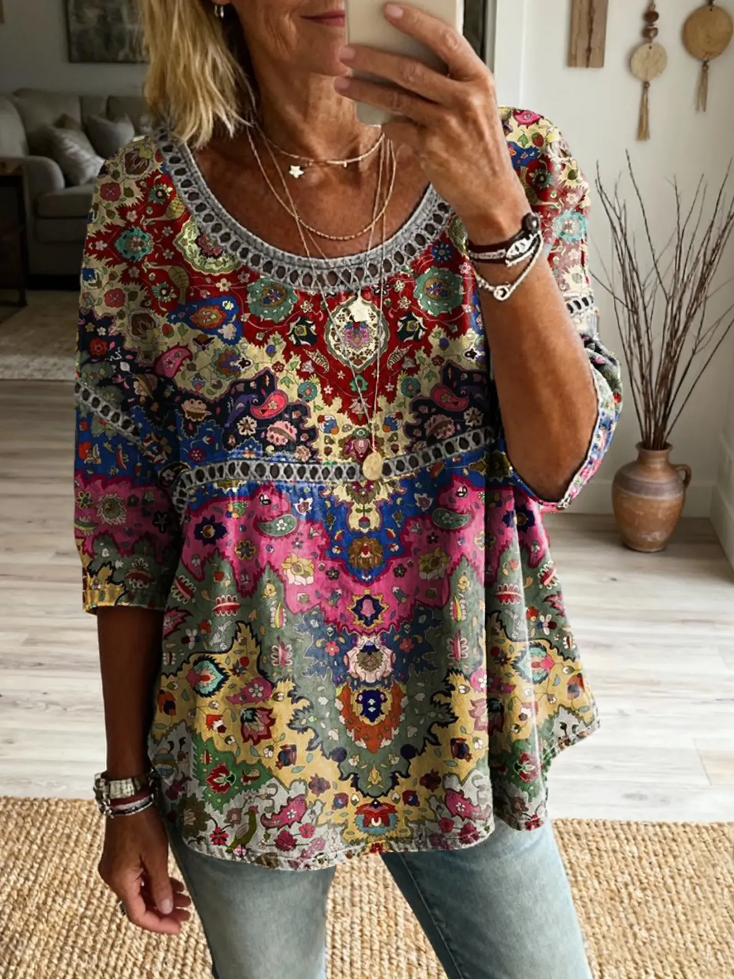 Women's Bohemian Retro Floral Art Print Casual Round Neck Hollow Out Top
