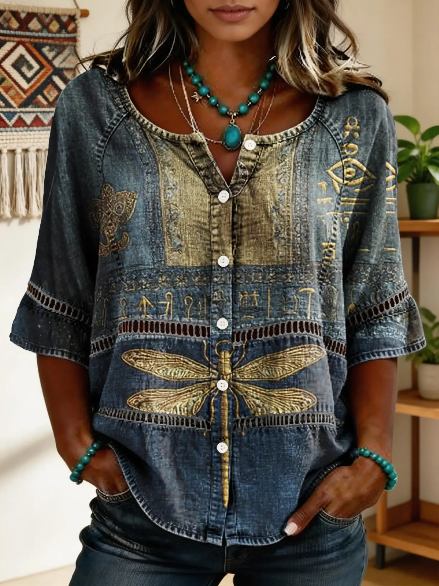 Women's Retro Short-sleeve Shirt With Artistic Dragonfly Print And Openwork Buttons