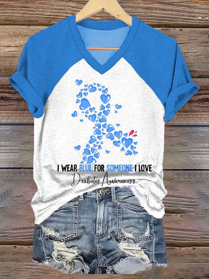 Women's I Wear Blue For Someone I Love Diabetes Awareness Print V-Neck T-Shirt