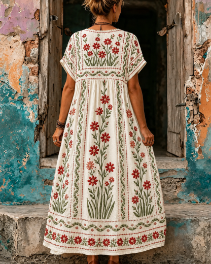 Women's Vacation Linen Boho Floral Print V-Neck Short Sleeve Maxi Dress