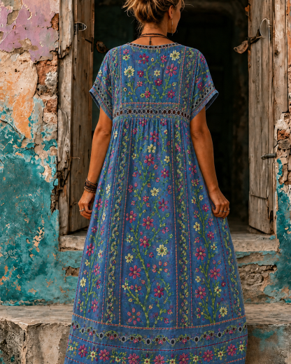 Women's Vacation Linen Boho Floral Print V-Neck Short Sleeve Maxi Dress