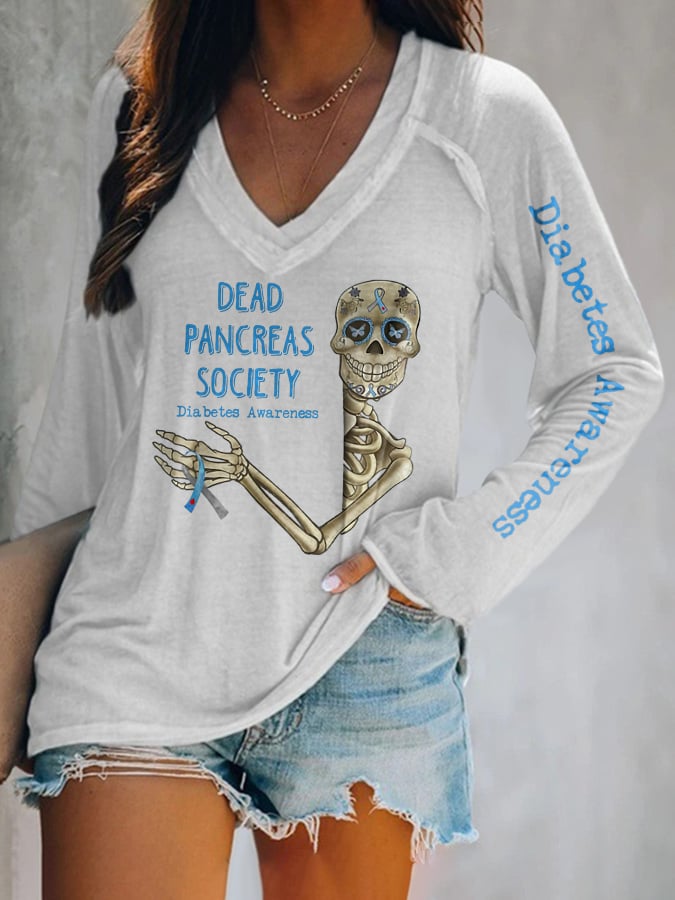 V-Neck Retro Diabetes Awareness Dead Pancreas Society Long Sleeve T-Shirt