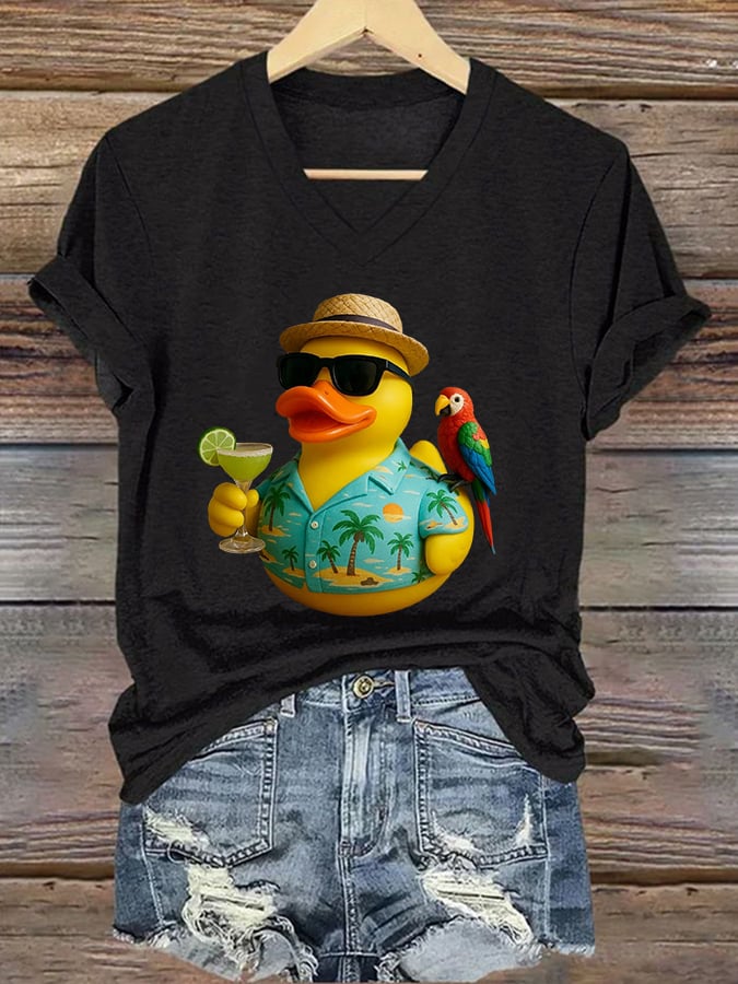 V-Neck Retro Jimmy Parrot Margarita Memorial Duck Print T-Shirt