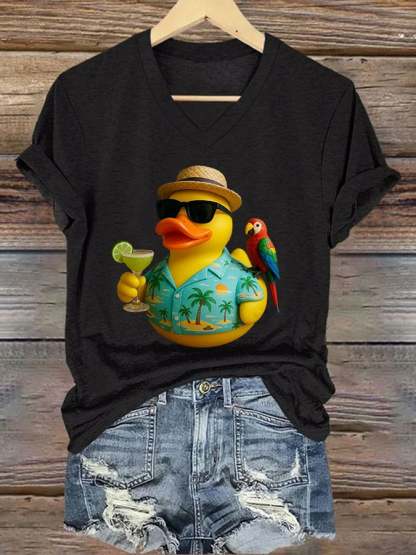 V-Neck Retro Jimmy Parrot Margarita Memorial Duck Print T-Shirt