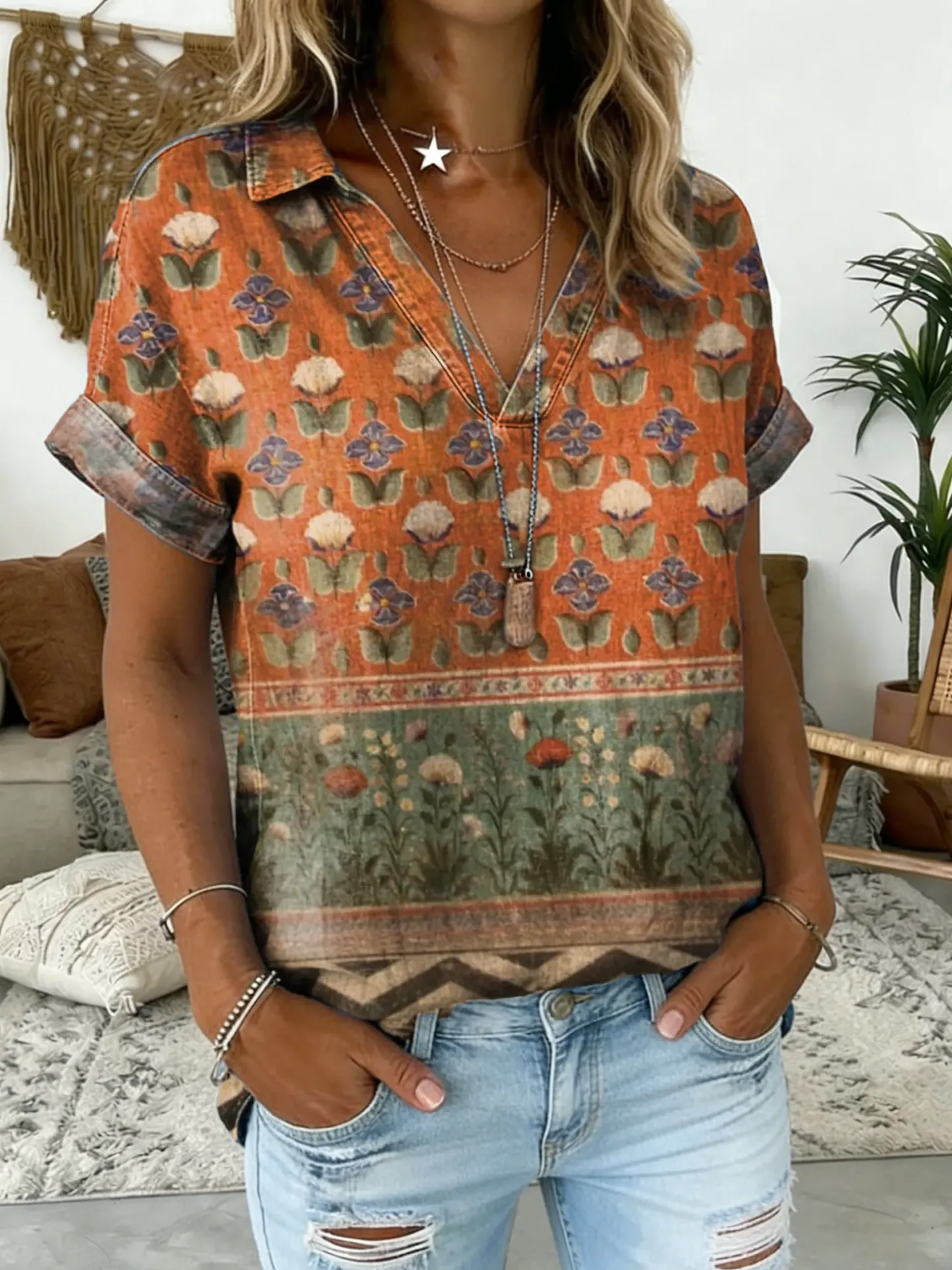 Women's Bohemian Floral Print V-neck Short-sleeved Denim Shirt