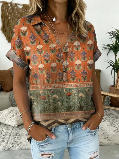Women's Bohemian Floral Print V-neck Short-sleeved Denim Shirt