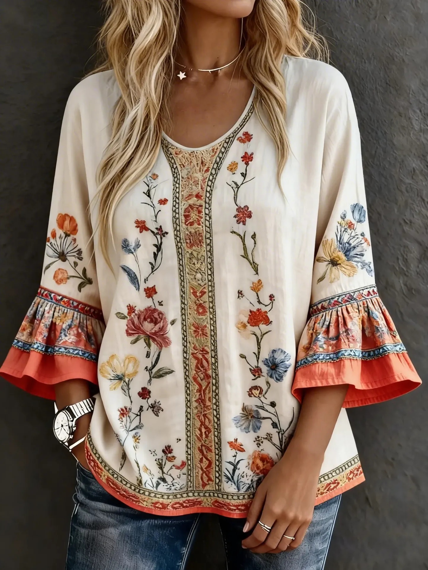 Women's Casual Multicolor Floral Art Prints Cotton Shirt