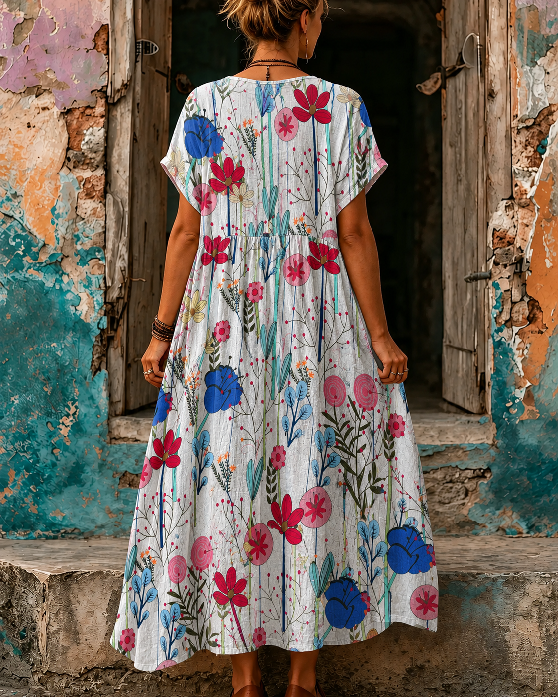 Women's Vacation Linen Boho Floral Print V-Neck Short Sleeve Maxi Dress