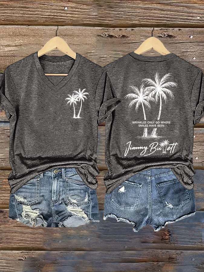 V Neck Retro Wrinkles Only Go Where Smiles Have Been Print T-Shirt