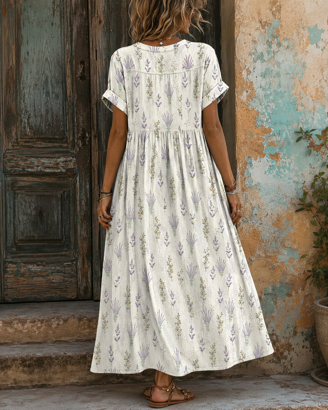 Women's Vacation Linen Boho Floral Print V-Neck Short Sleeve Maxi Dress