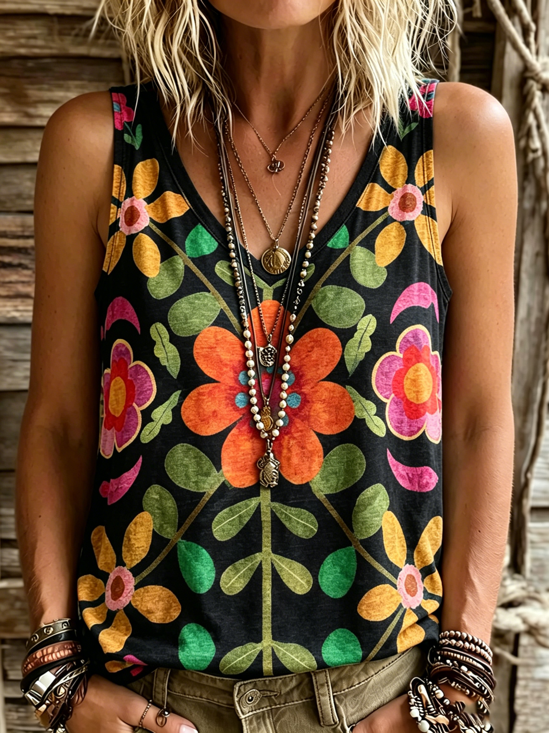 Women's Retro Ethnic Floral Art Print Casual Sleeveless V-neck Cotton Linen Tank