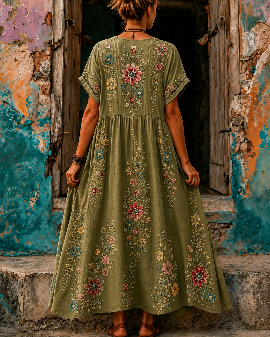 Women's Vacation Linen Boho Floral Print V-Neck Short Sleeve Maxi Dress
