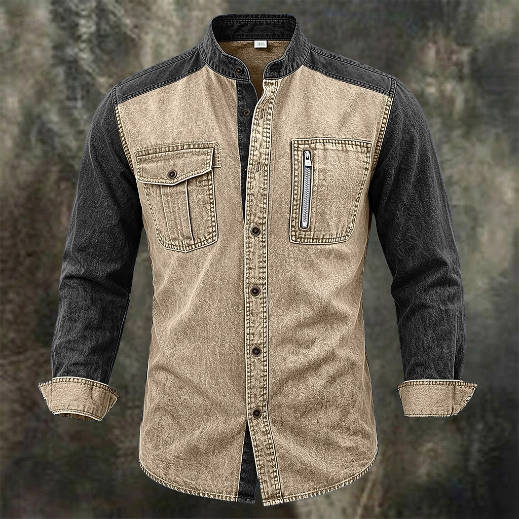 Men Shirt Garment Dyed Acid Wash Shirt Blue Wine Green khaki Long Sleeve Plain Mandarin Collar Casual Daily Pocket Clothing Apparel Elegant Vintage Fashion Casual 2026 - $35.99 –P9