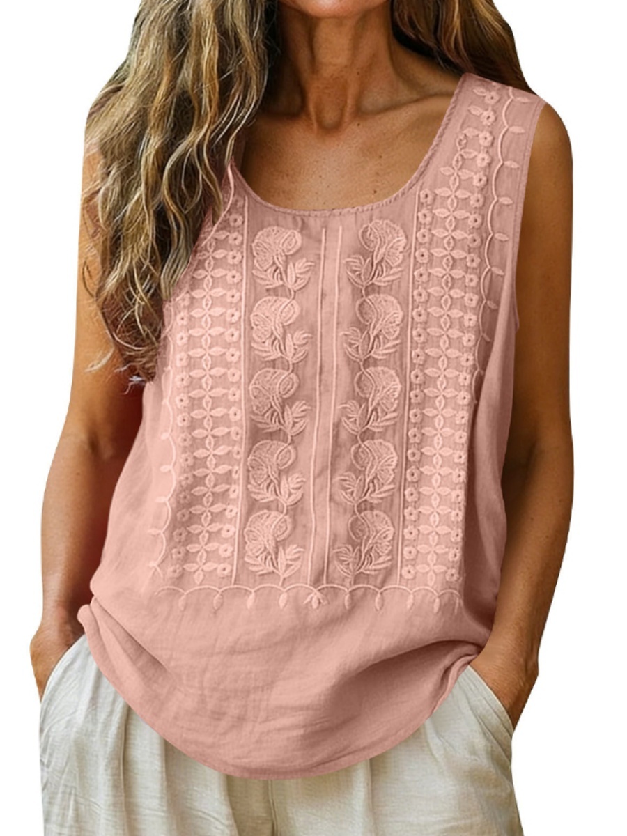 Women's Cotton and Linen Round Neck Embroidered Tank Tops