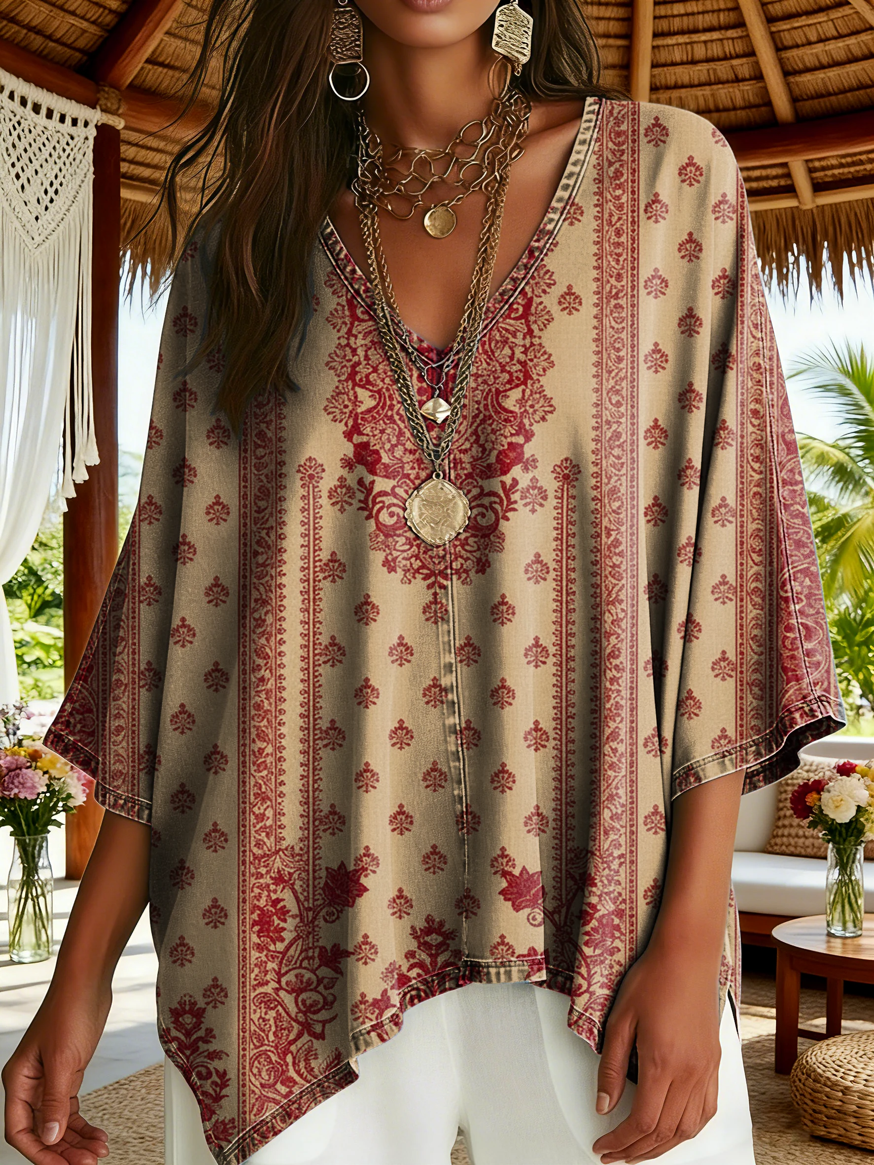 Women's Vintage Ethnic Red Floral Pattern Art Print Casual V-neck Batwing Sleeve Top