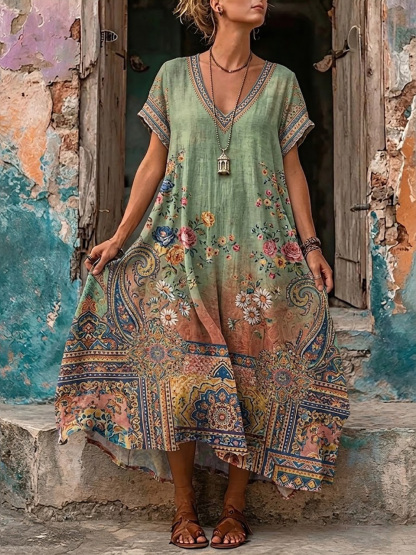 Women's Retro Bohemia Floral Print V-Neck Short Sleeve Maxi Dress