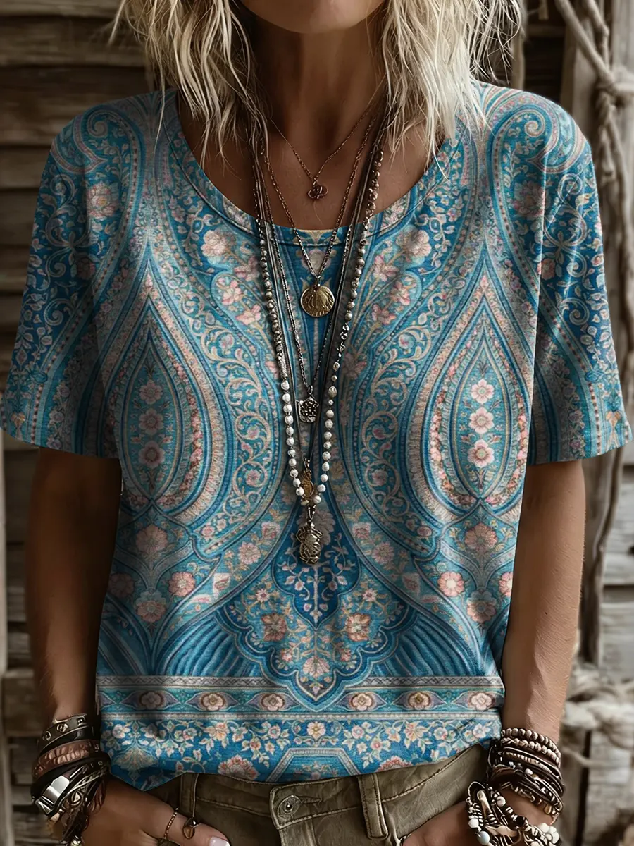Women's Bohemian Ethnic Floral Art Print Casual Short-Sleeve Crew Neck Pure Cotton T-Shirt