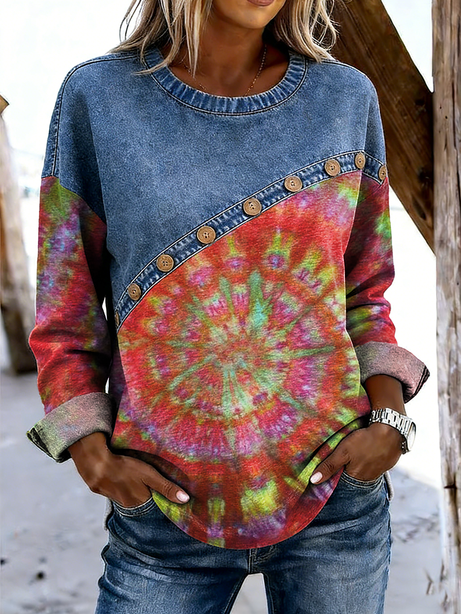 Women's Retro Colorful Tie-dye Gradient Art Print Casual Long-sleeve Round Neck Denim Patchwork Top