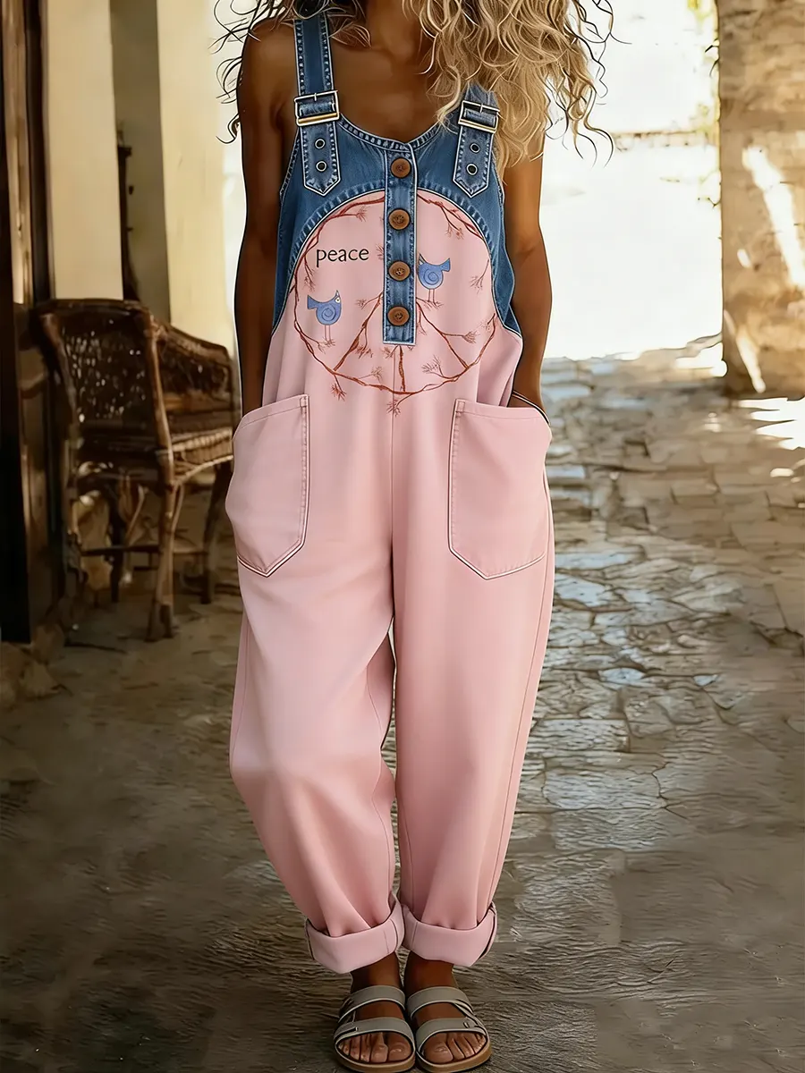 Women's Hippie Peace Bird Art Print Patchwork Denim Overalls