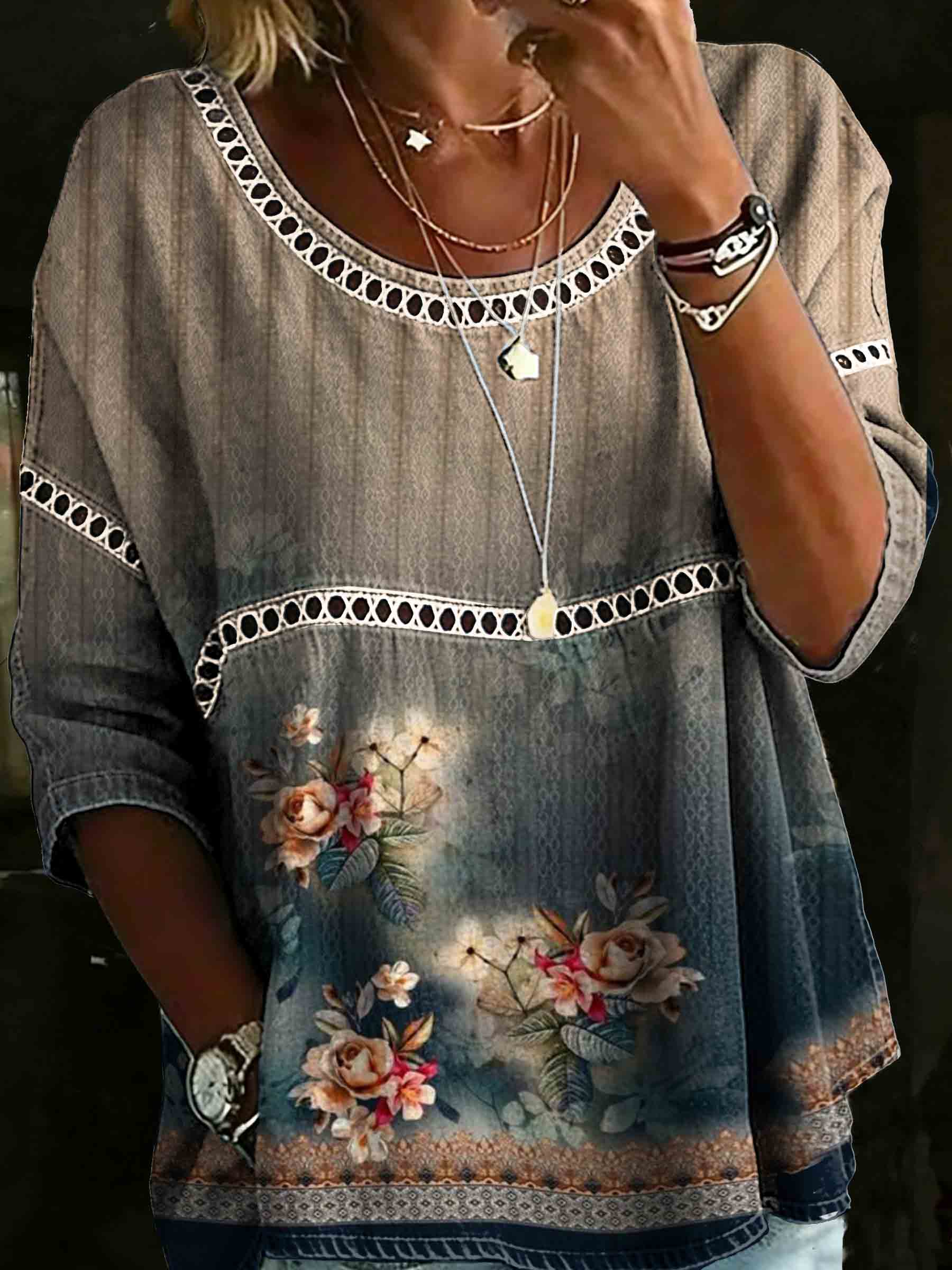 Vintage Gradient Floral Print Casual Hollow Shirt